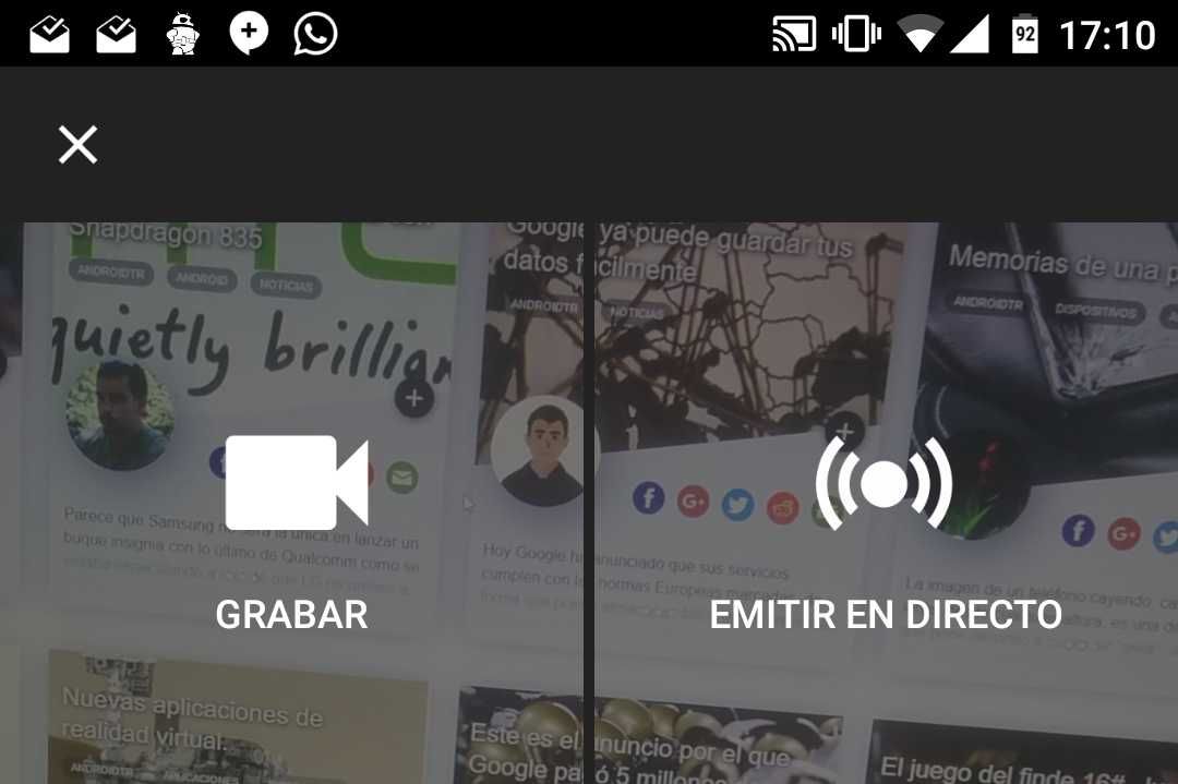 Interfaz para comenzar un directo