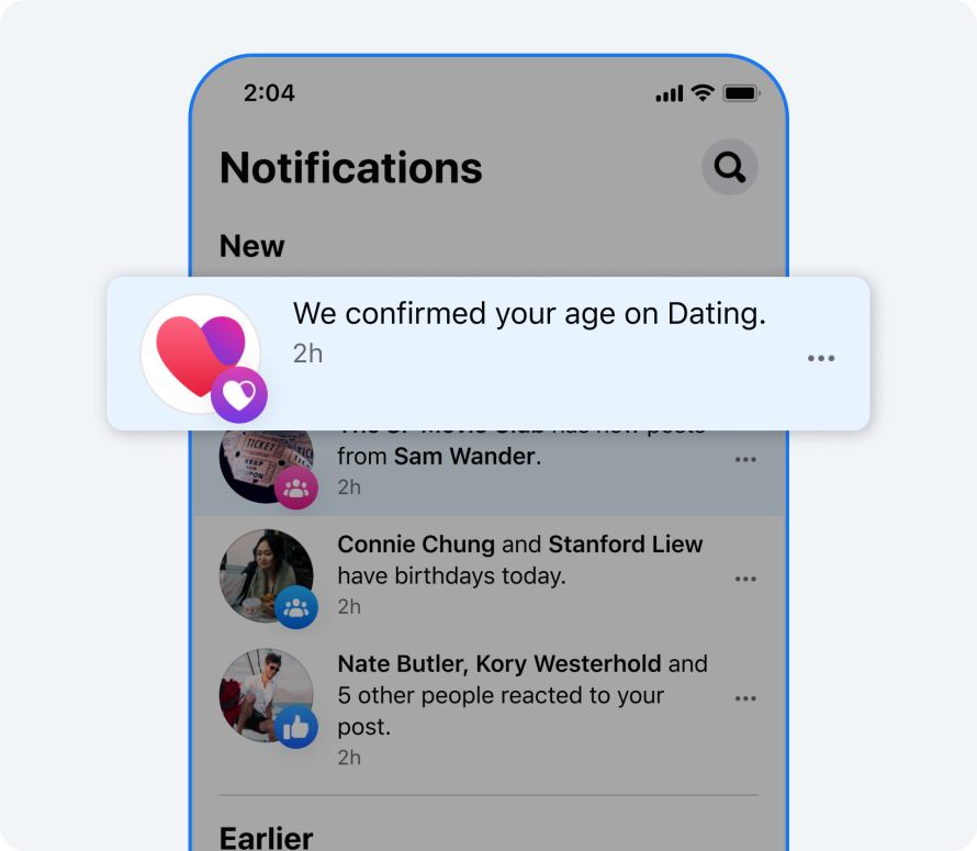 Aviso de confirmación de edad de Facebook Dating