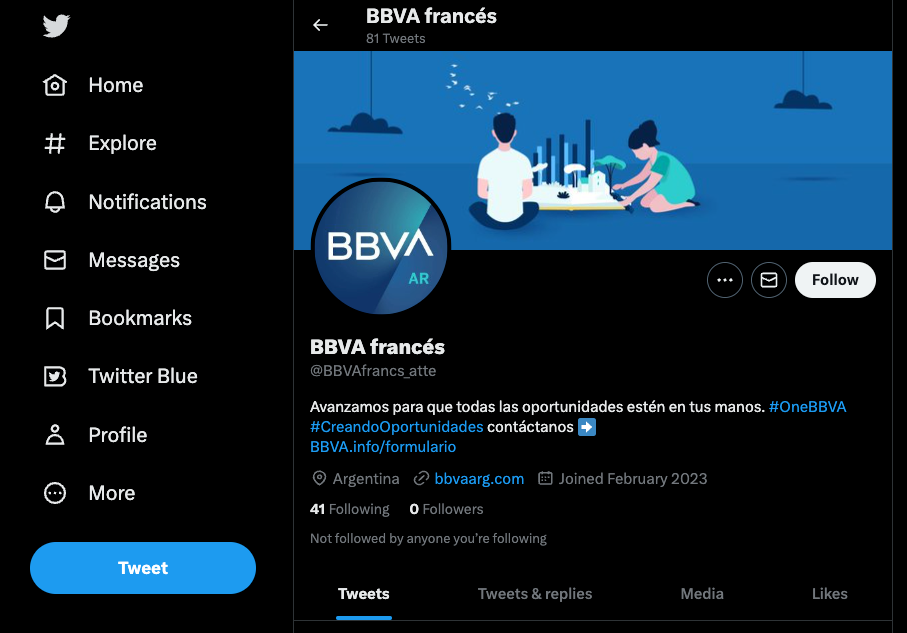Captura de pantalla de la cuenta que suplanta la identidad de marca de BBVA.