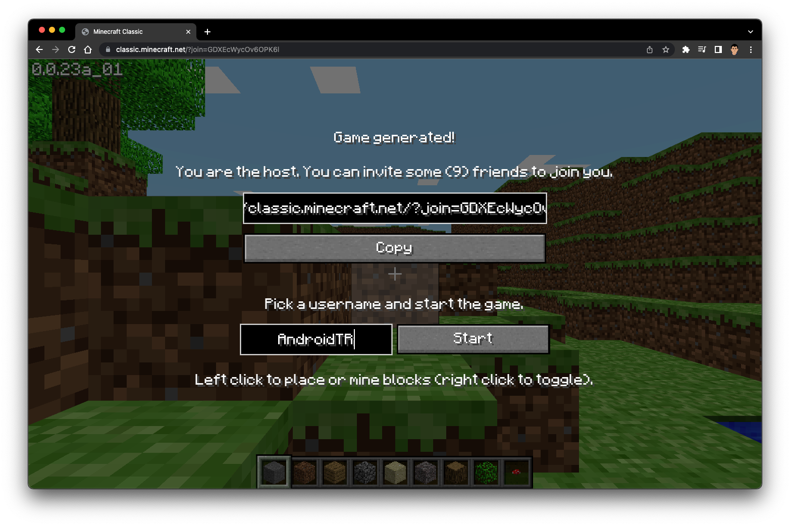 Captura de pantalla de Minecraft Classic.