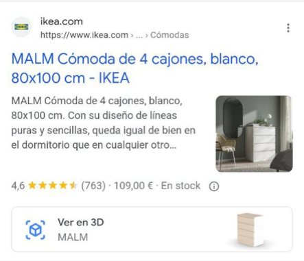 Resultado de búsqueda de Google que ofrece la opción de ver el mueble "MALM" en 3d.
