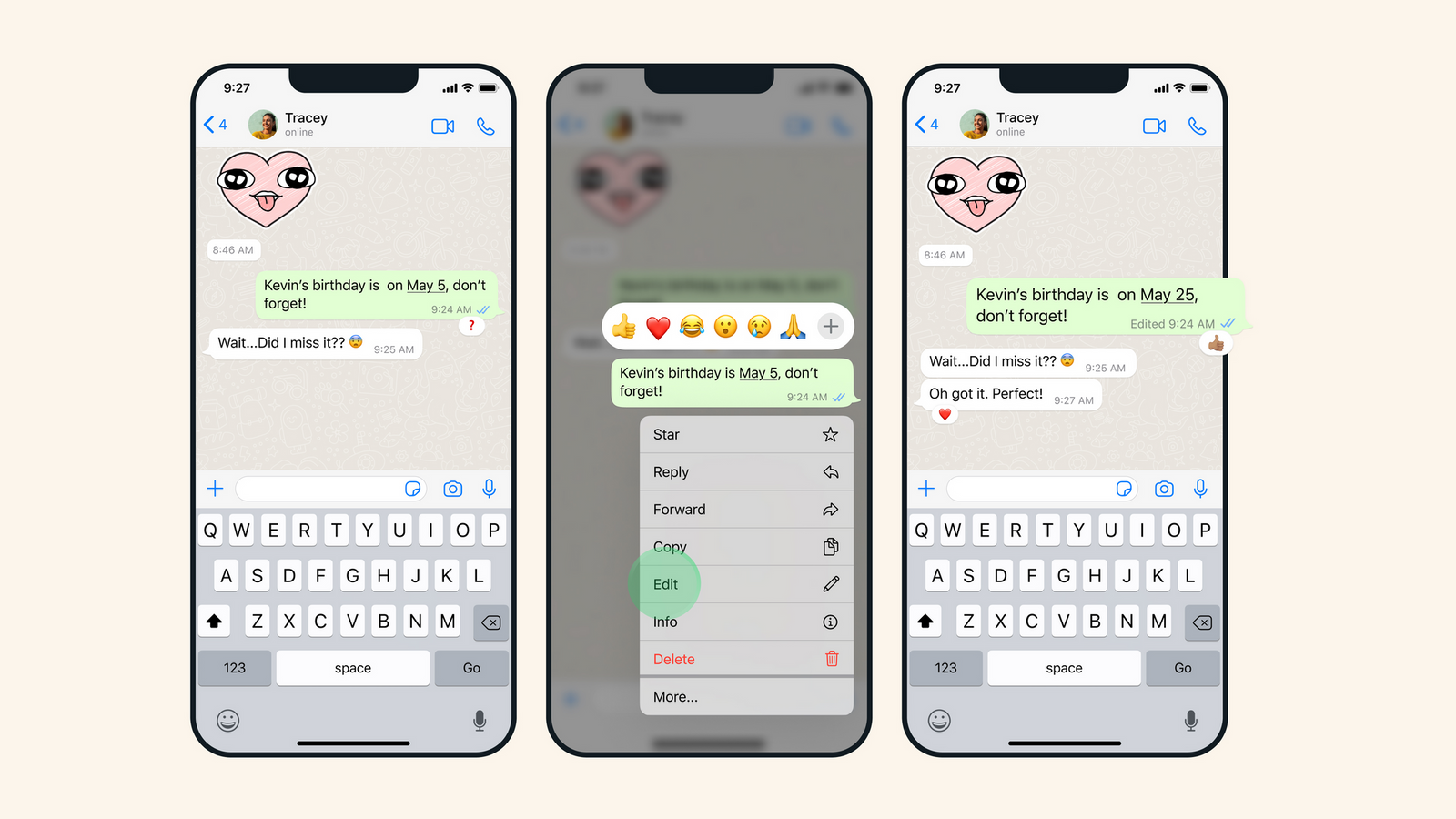 Capturas de pantalla de la nueva función de edición de mensajes en WhatsApp.
