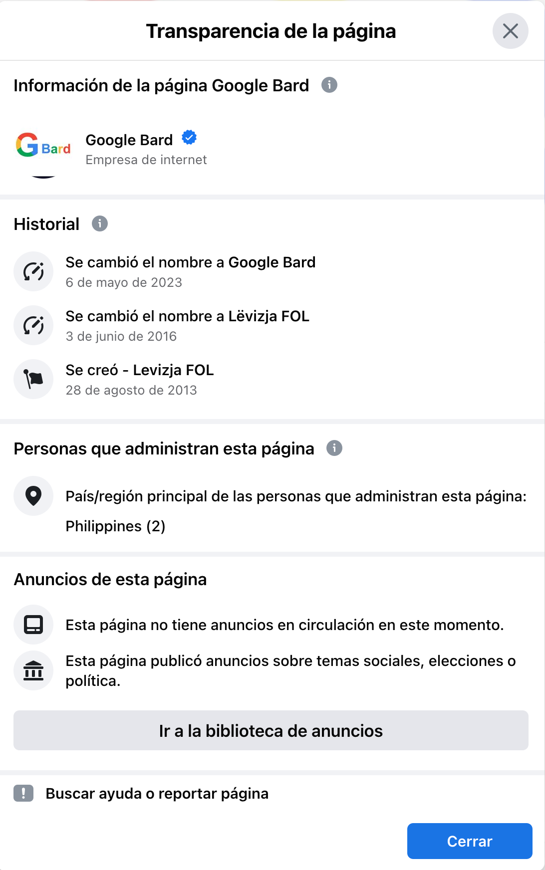 Transparencia del perfil verificado de Facebook de Google Bard con el cambio de nombre.