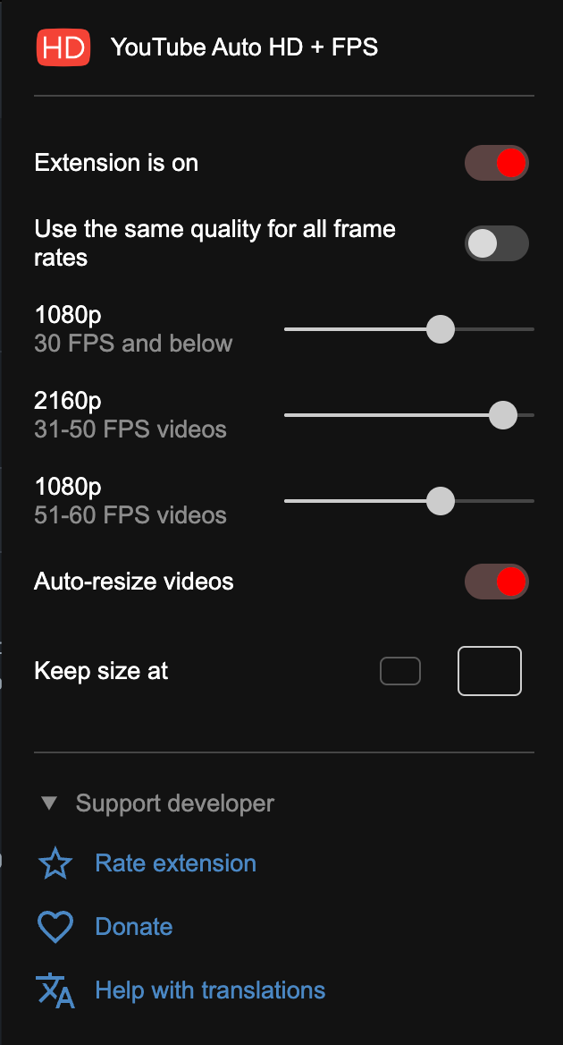 Captura de pantalla de la extensión YouTube Auto HD + FPS
