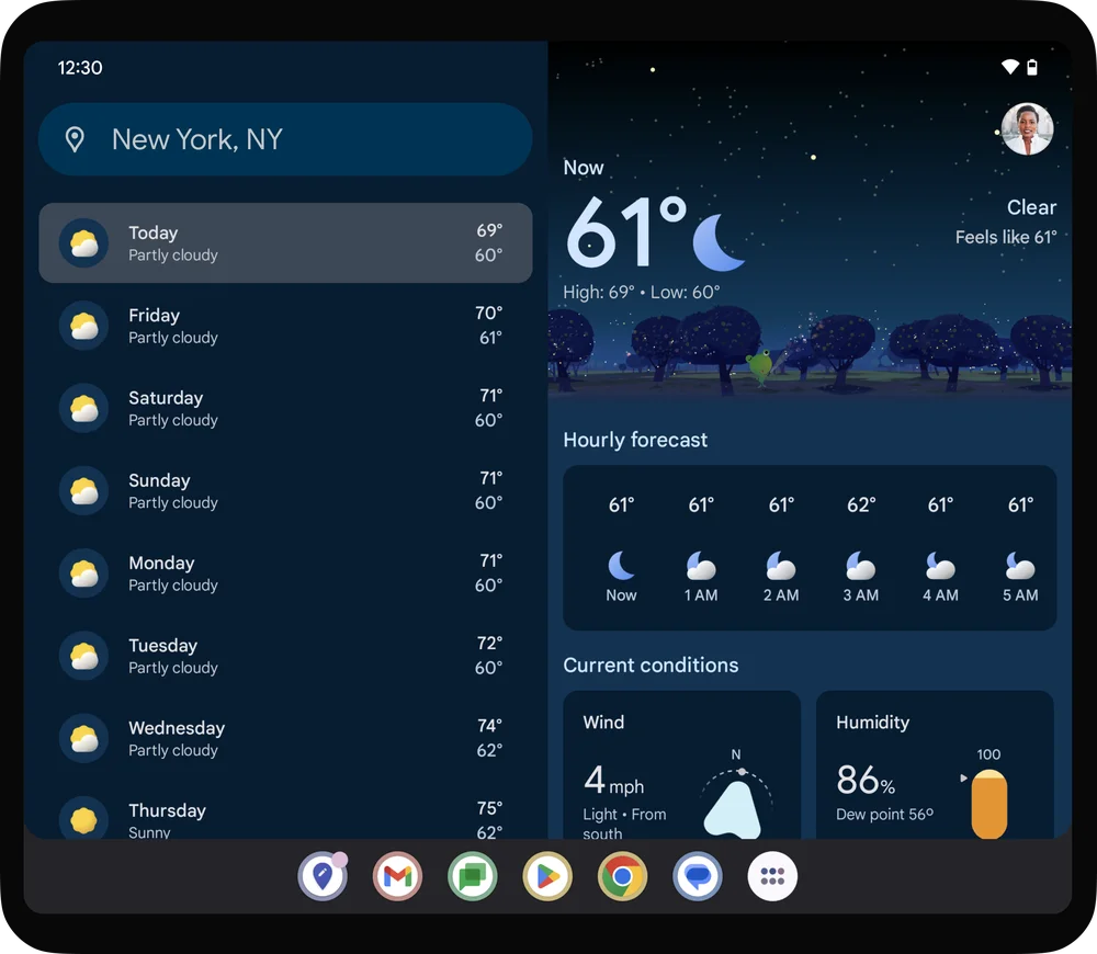 Rediseño de Google Weather para dispositivos plegables.