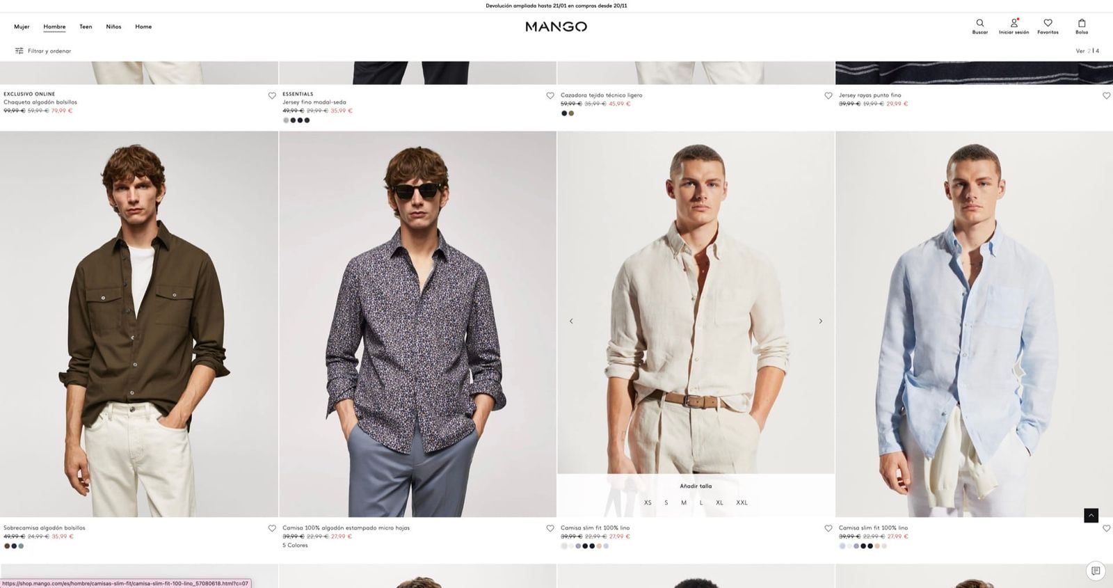 Ejemplo de errores en los precios de la web oficial de Mango.