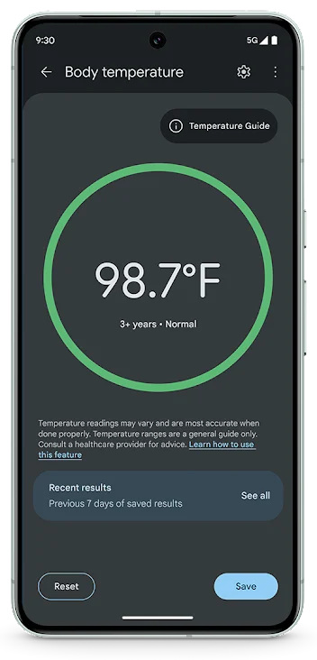 Función de medición de temperatura corporal en un Google Pixel 8 Pro.
