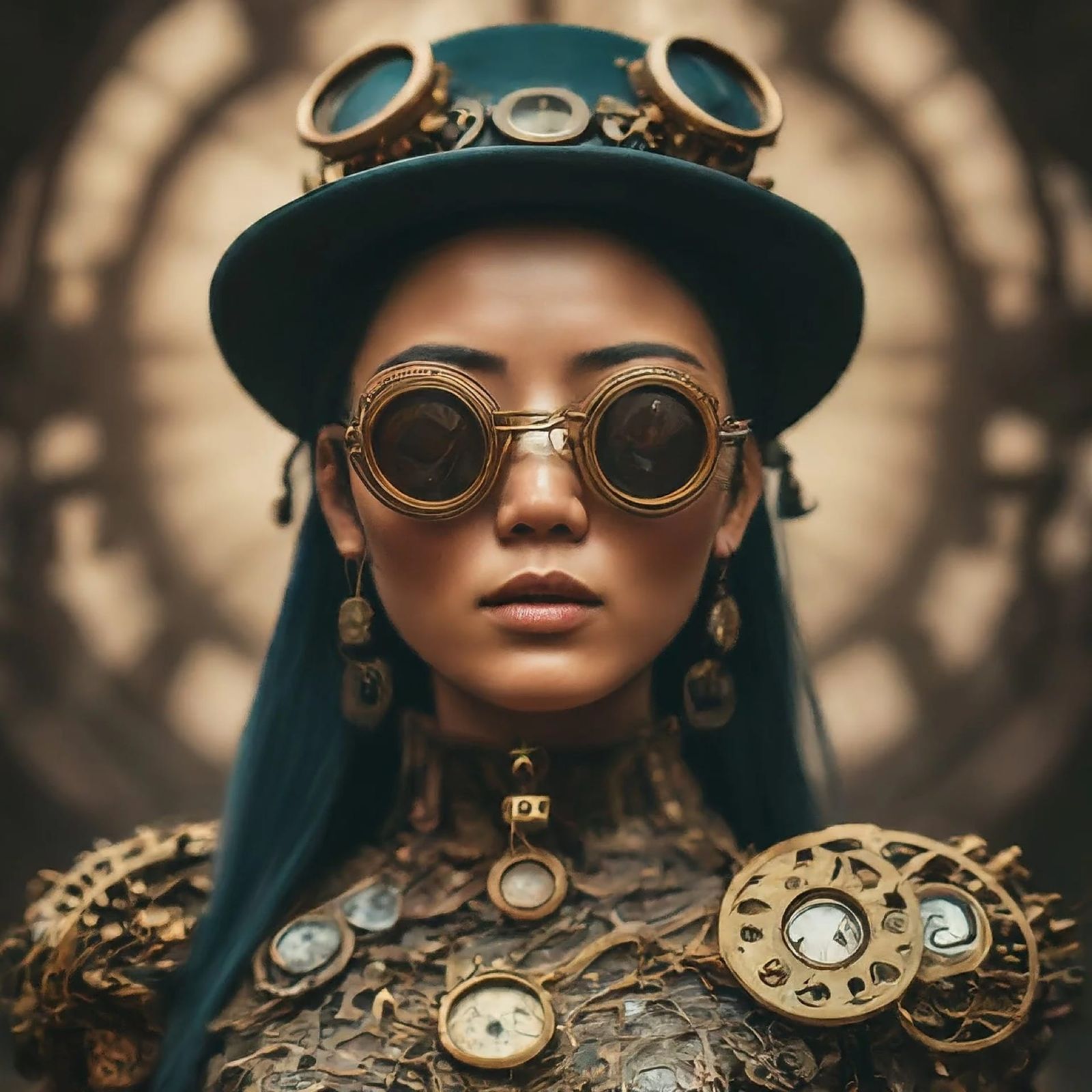 Imagen generada con Google Bard y el prompt: “Generate an image of a fashion show in steampunk style digital art. Zoom in on their face.”
