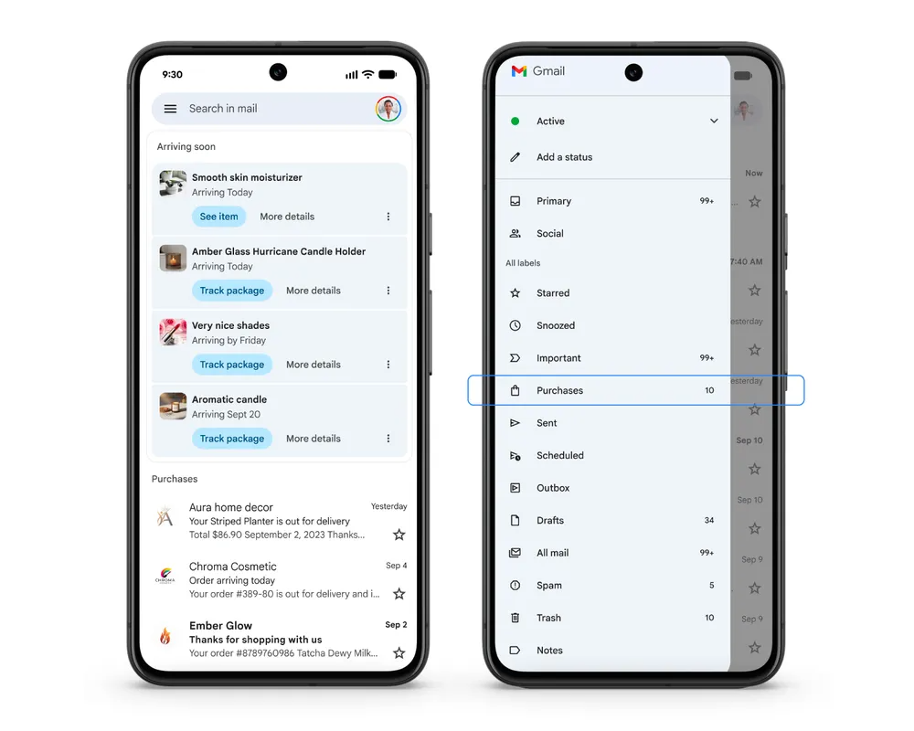 Captura de pantalla de la nueva función de seguimiento de compras en Gmail