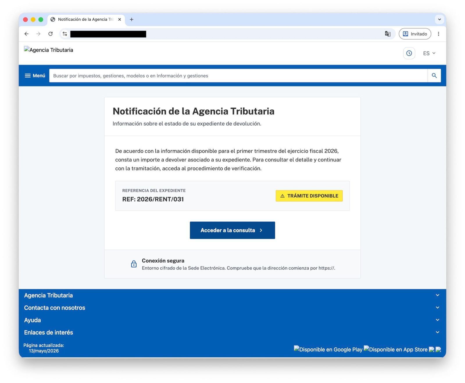 Captura de pantalla de la web simulando ser una notificación de la Agencia Tributaria con un trámite pendiente