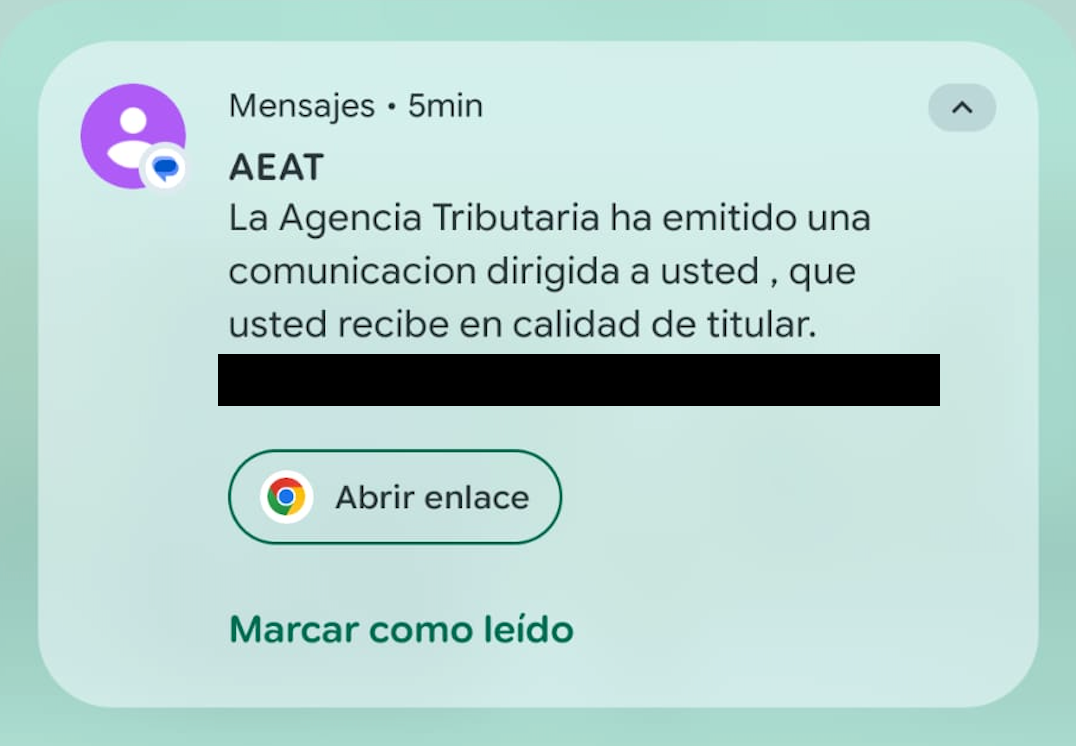 Captura de pantalla del SMS suplantando la AEAT
