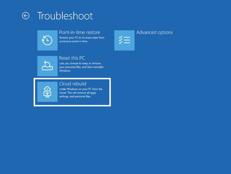 La nueva opción de reconstrucción de la nube en el entorno de recuperación de Windows (WinRE), que permite una reinstalación completa de Windows utilizando archivos descargados de Windows Update.